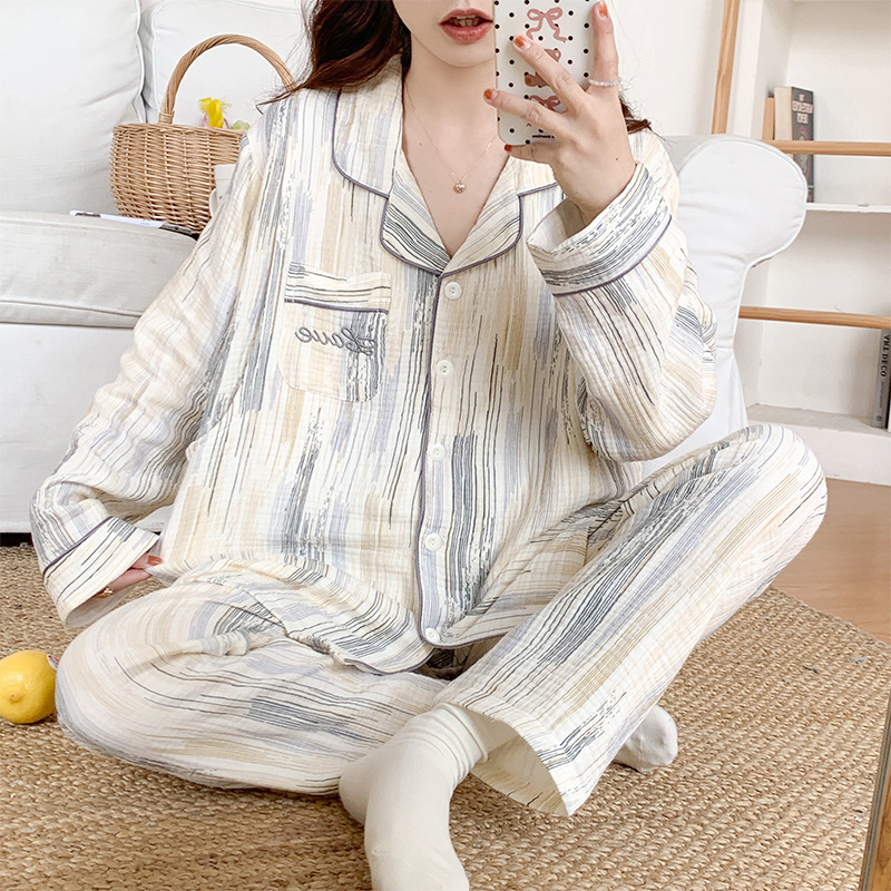 Spring and Summer pure cotton gauze maternity pajamas nursing confinement clothing cardigan breathable gauze maternity clothing suit