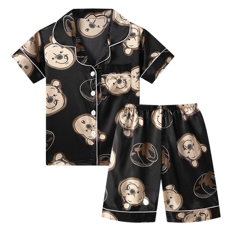 Summer Children's Pajamas Silk Short-sleeved Boys and Girls Ice Silk Thin Cardigan Cartoon Cute Two-piece Home Clothes