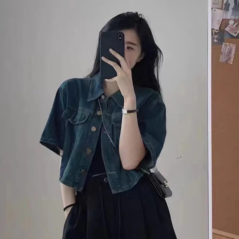 2024 Summer New Vintage Short-sleeved Top for Little Denim Shirt Thin Outer Denim Coat for Women