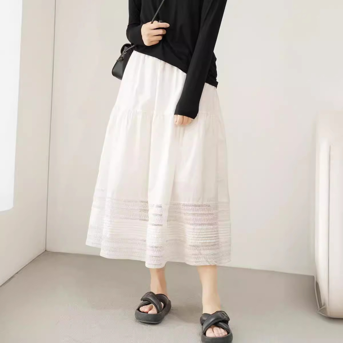 Commuting Elegant Solid Color Cotton Skirt Women's 2024 Summer New Arrival Embroidered Hollow Stitching A- line Large Umbrella Skirt