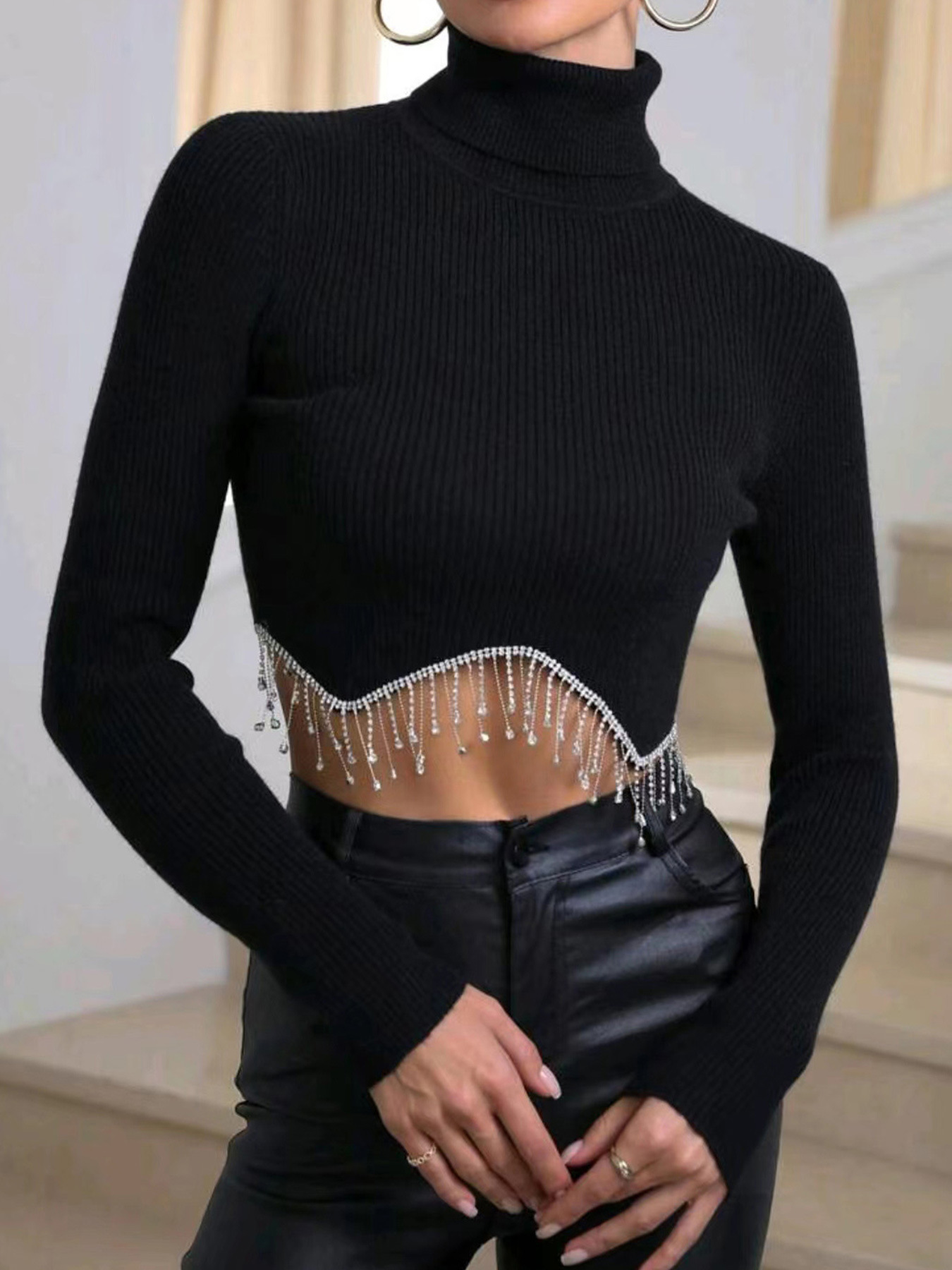 Foreign Trade Cross-border Europe and America Amazon TEMU Source Factory Sweater Women's Turtleneck Turtleneck Navel Sweater Spring Autumn Winter