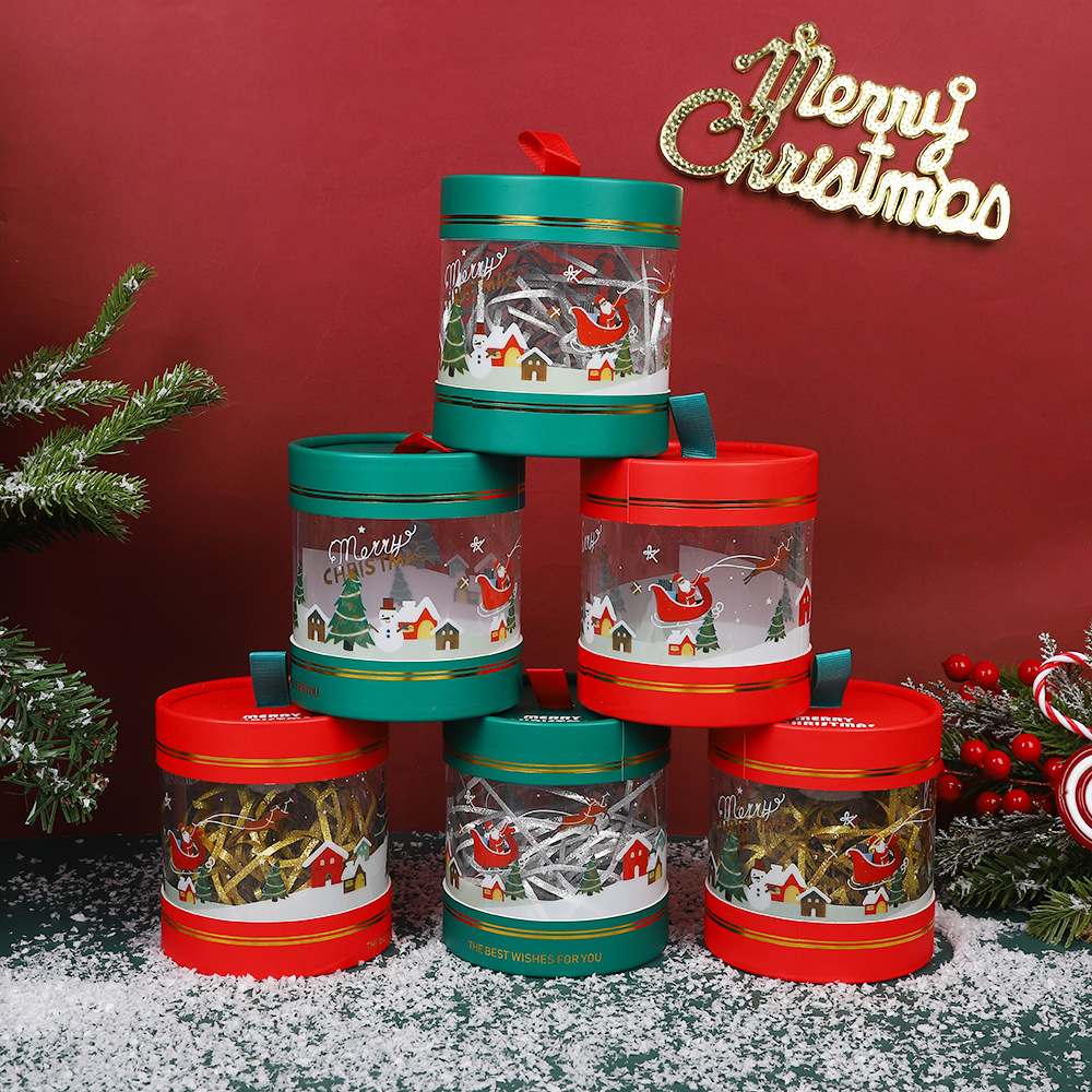Christmas Gift Packaging Box Christmas Eve Paper Cover Transparent Pvc Small Round Box Peace Fruit Gift Box Hug Bucket in Stock