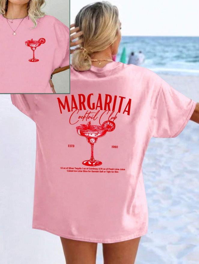 2025 New American Retro Cocktail Pattern Printed Short-Sleeved T-Shirt Loose Casual Trend Ins Xiyin New Style