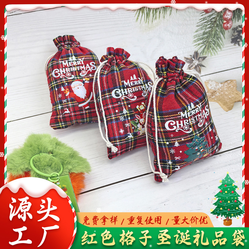 New Christmas Red Plaid Cotton Cartoon Bundle Pocket Candy Cookie Packaging Bag Gift Bag Wholesale