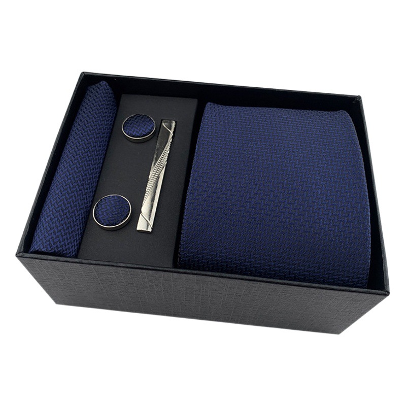 2025 New Men's Business Black Gift Box Striped Plain Tie Pocket Square Tie Clip Gift Set