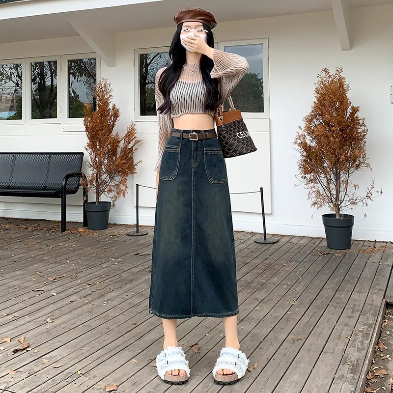 Retro front pocket Denim skirt women's small new high waist mid-length a-line split one-step skirt
