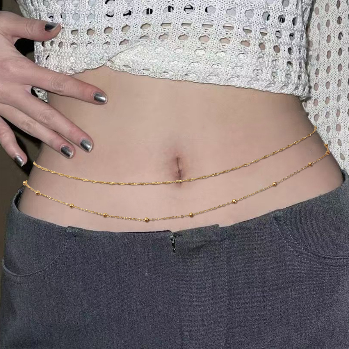 European and American Cross-border Jewelry Fashion Round Bead Chain Women Double Waist Chain Metal Chain Body Chain Navel Decoration Chain