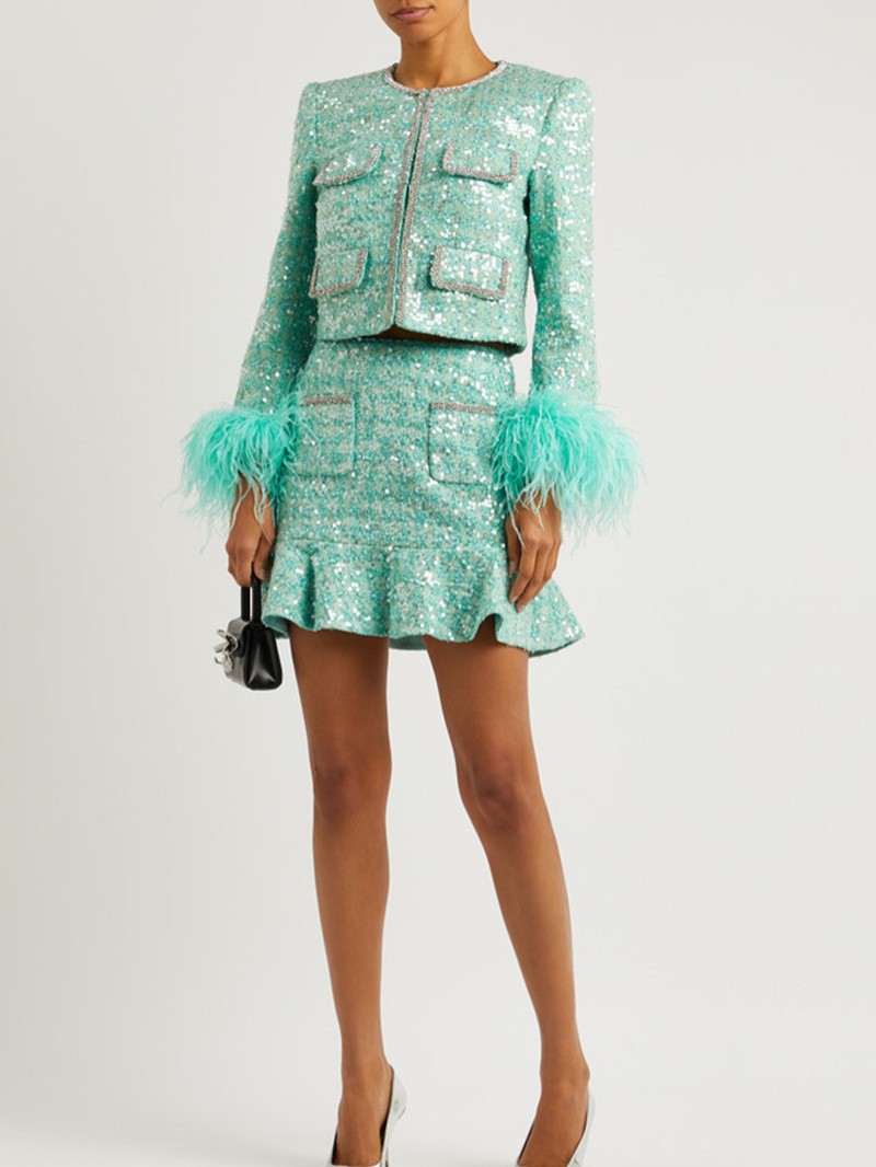 24 Autumn and Winter Designer Fashion Brand Celebrity Light Luxury Sequin Ostrich Hair Cuff Chanel Coat + Skirt suit