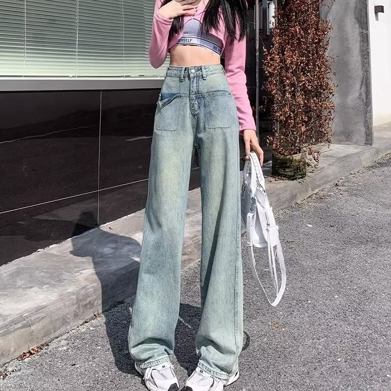 Vintage Cement Grey Straight-Leg Jeans Women's Summer New High Waist Loose Slimming Narrow Style Wide-Leg Pants Ins