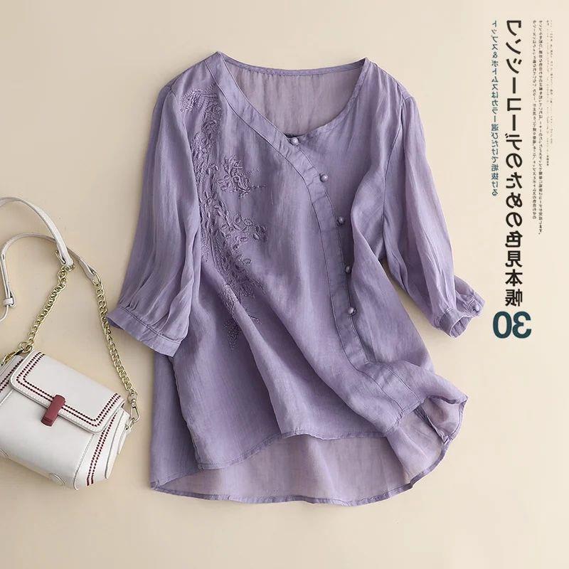 Purple short-sleeved cotton and linen shirt Women's slimming chubby girl belly covering loose plus size buckle cotton and linen top mom summer wear