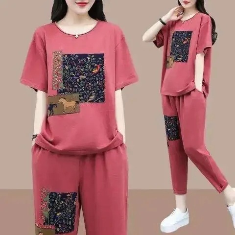 Ready-Made Single/Set 2025 New Large Size Printed Artistic Short-Sleeved Tops for Women Casual Loose Slimming Look Two-Piece Set