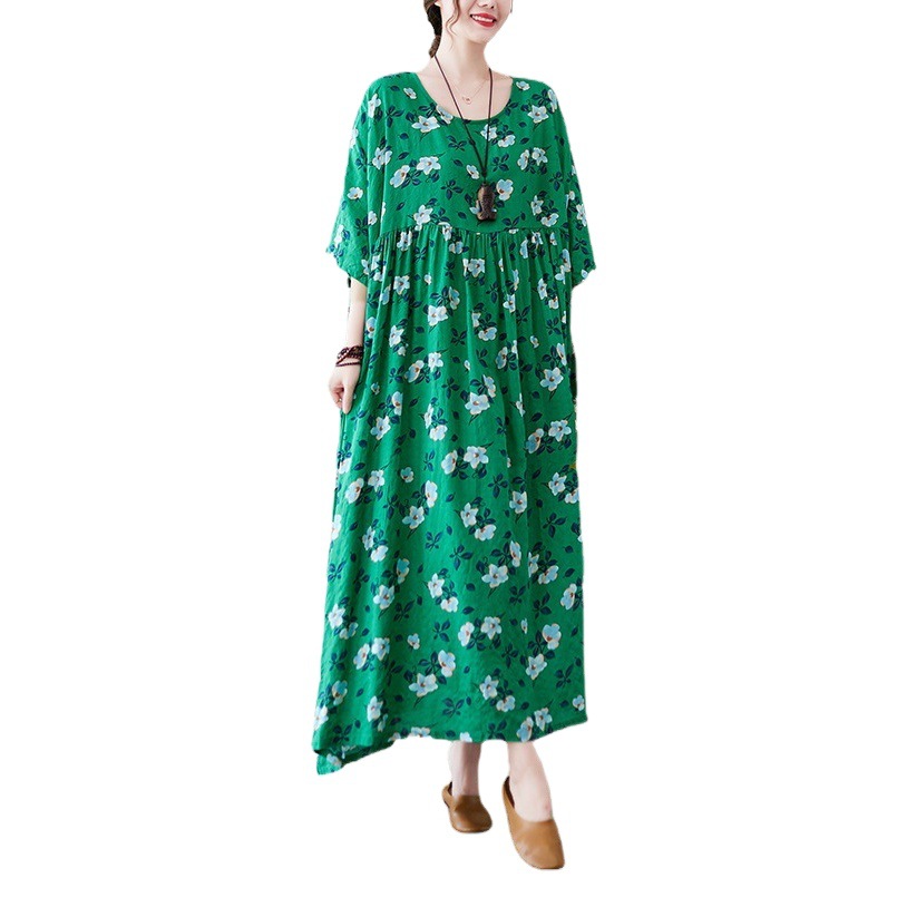 Large Size Women's Summer New Artistic Retro Loose Printed Short-sleeved Large-sleeved Cross-border Foreign Trade Dress
