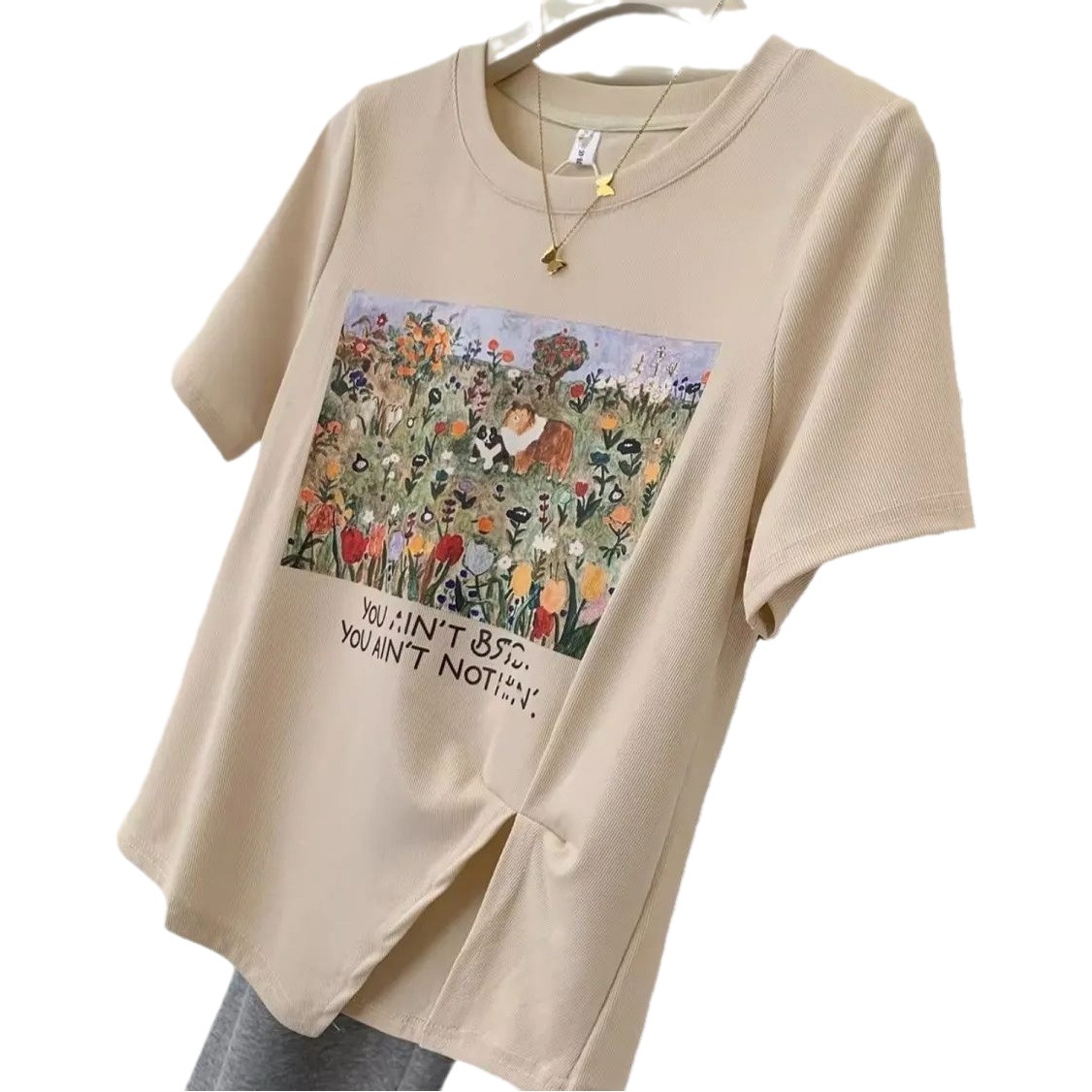 Irregular Design Split Printing Shoulder Short-sleeved T-shirt Women's Season Summer 2023 New Design Sense Niche Top Ins