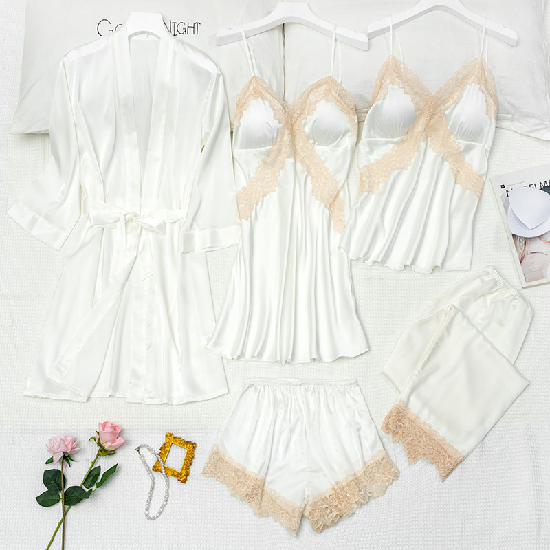 Picture of Spring and Summer Women's Pajamas, Ice Silk Thin Five-Piece Set, Sexy Camisole Nightdress, Large Size Loose Nightgown with Chest Pad, Loungewear