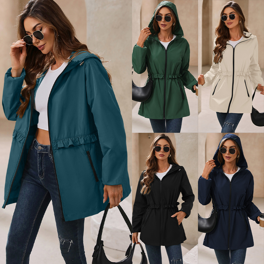 2024 Amazon Autumn and Winter New Explosions Fashion Women's Rainproof Waterproof Jacket Hooded Elegant Windbreaker with Pocket