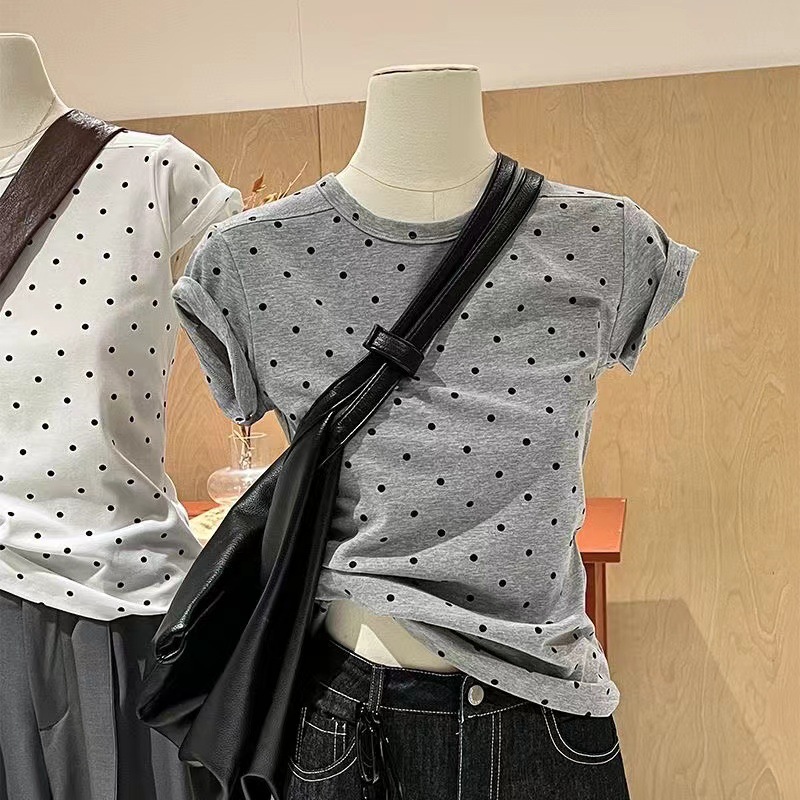 Multiplication Wave Dot T-shirt Women's Short-Sleeved Shoulder Slim-Fit Slimming Round Neck Base Retro Sweet and Spicy Design Chic Round
