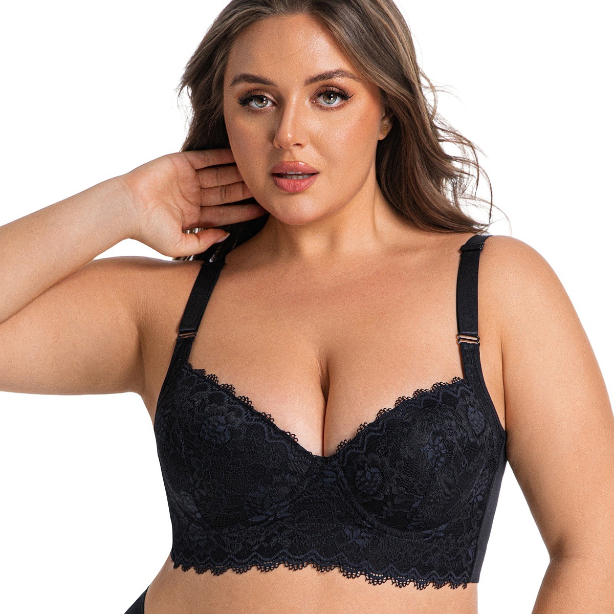Cross-Border Large Size Lace Seamless Sexy Intimates Women's Push-Up Breast-Retracting Anti-Sagging Underwired Bra Deep V Bra