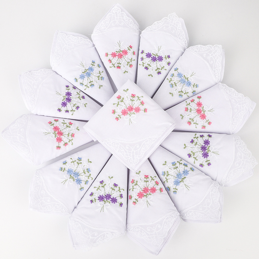 60 Combed Cotton 28CM White Lace Embroidered Small Handkerchief Cotton Soft Embroidered Women's Hand Flower