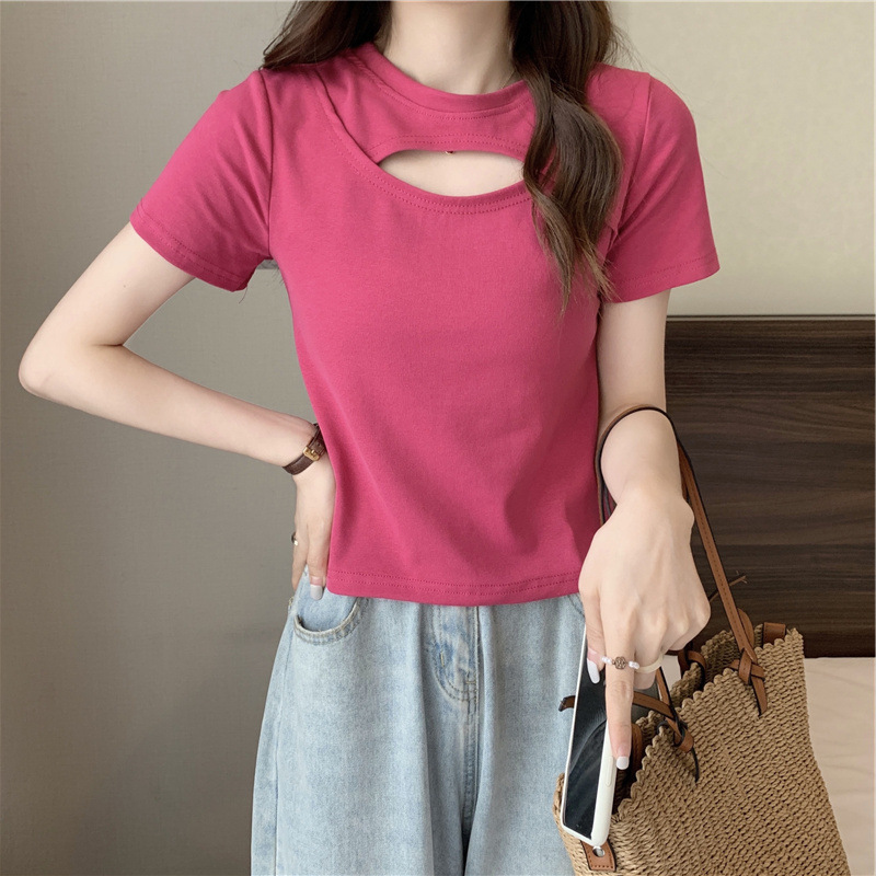 Hollow Short-Sleeved T-Shirt for Women 2025 Summer Korean Style New Style Discreet Slimming Look Candy Color Student Top for Women