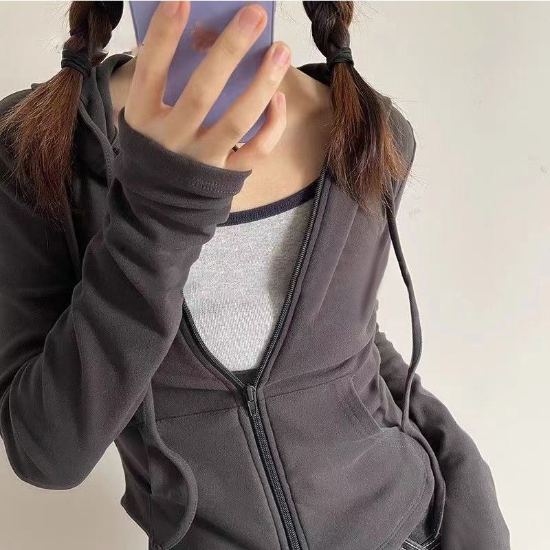 German velvet hot girls wind hooded cardigan sweater coat women's 2024 autumn and winter slim slim long sleeve short top fashion