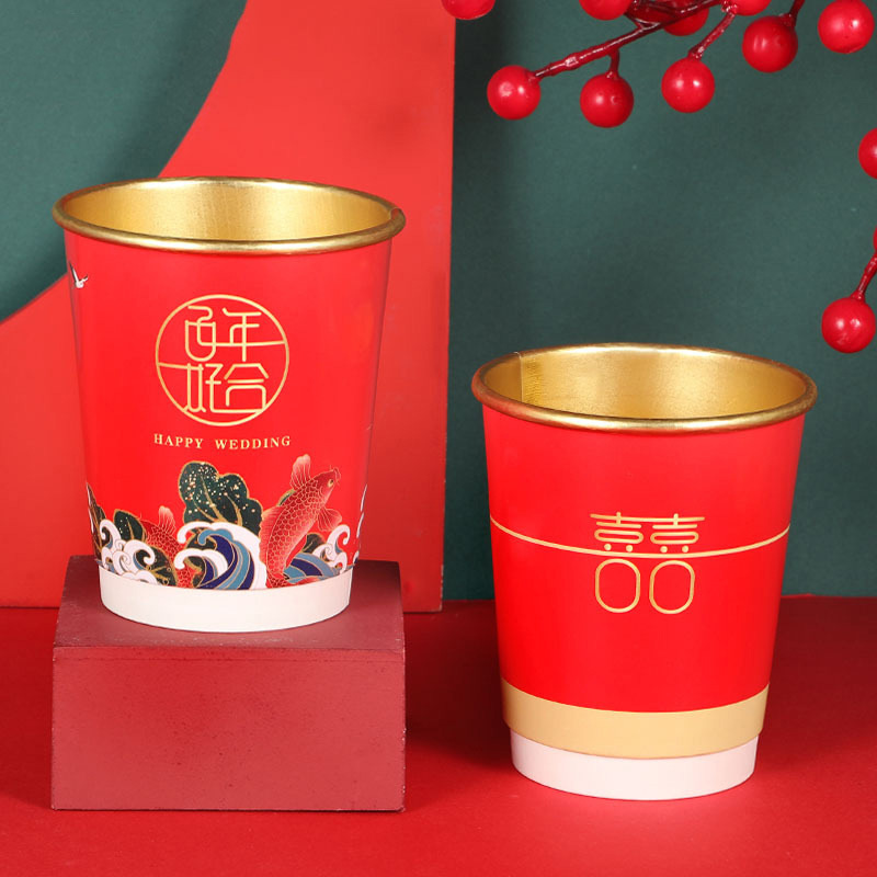 Customized Disposable Red Wedding Cup with Tea Cups, Festive Wedding Banquet Thickeneded Cups, Gold Foil Wedding Event Customization