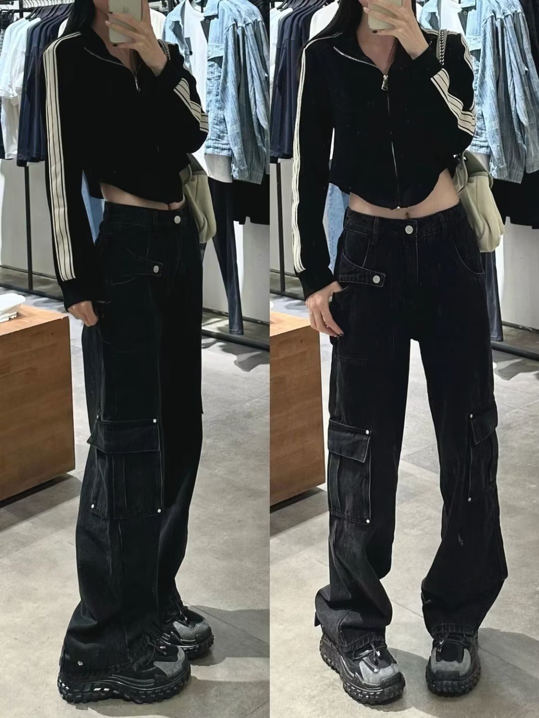 American Street hiphop Tooling Women's Winter Niche Design Sense Straight Tube Wide Leg Denim Long Pants Trendy Ins