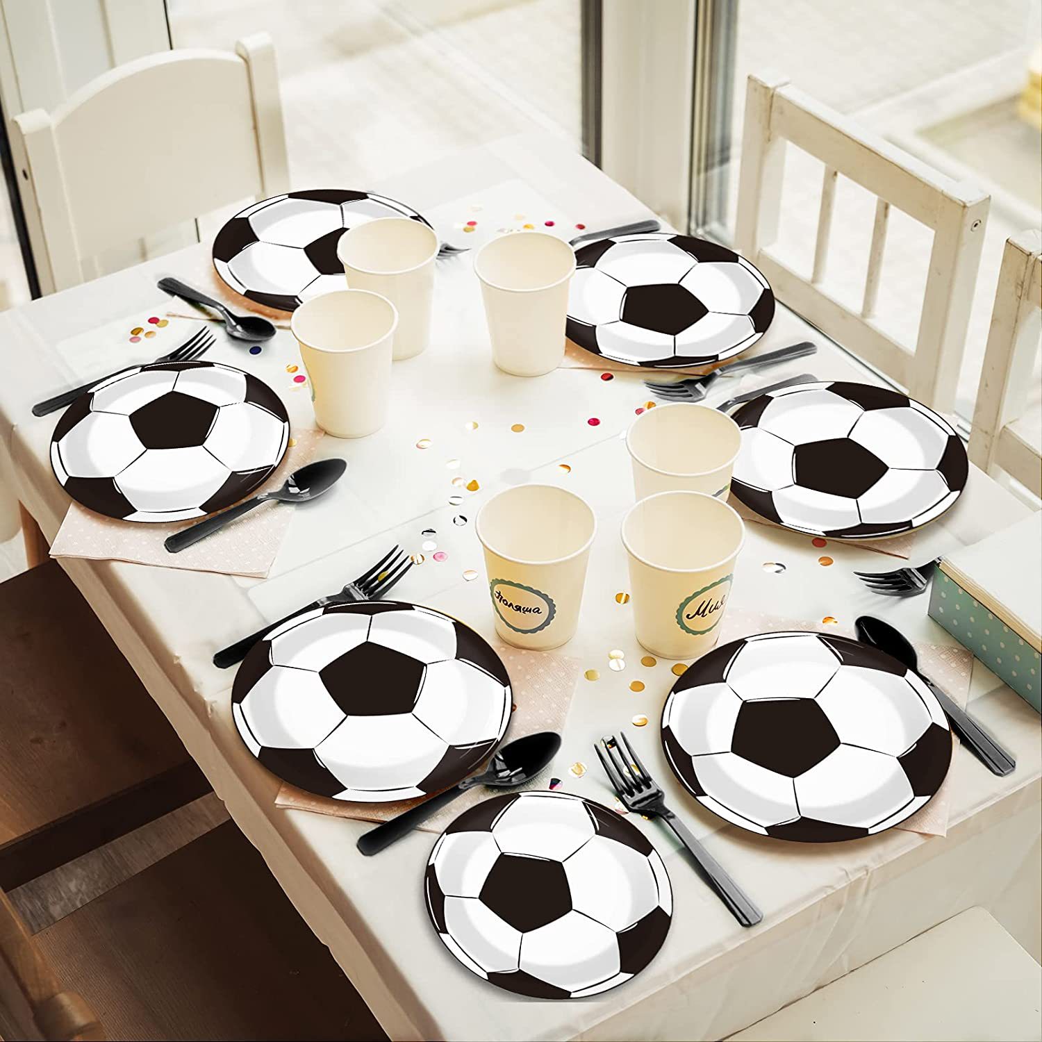 Picture of World Cup Football Party Tableware Set Black and White Football Party Supplies Flag-pulling Tablecloth Paper Plate Tableware Set