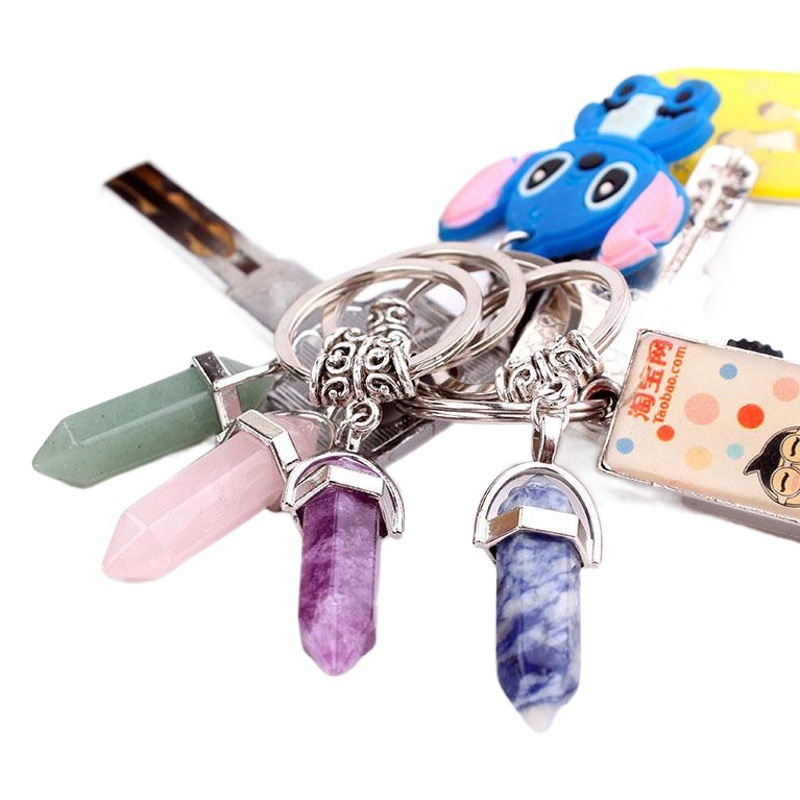 European and American wish hexagonal natural crystal column stone keychain bullet Mickey love heart agate buckle