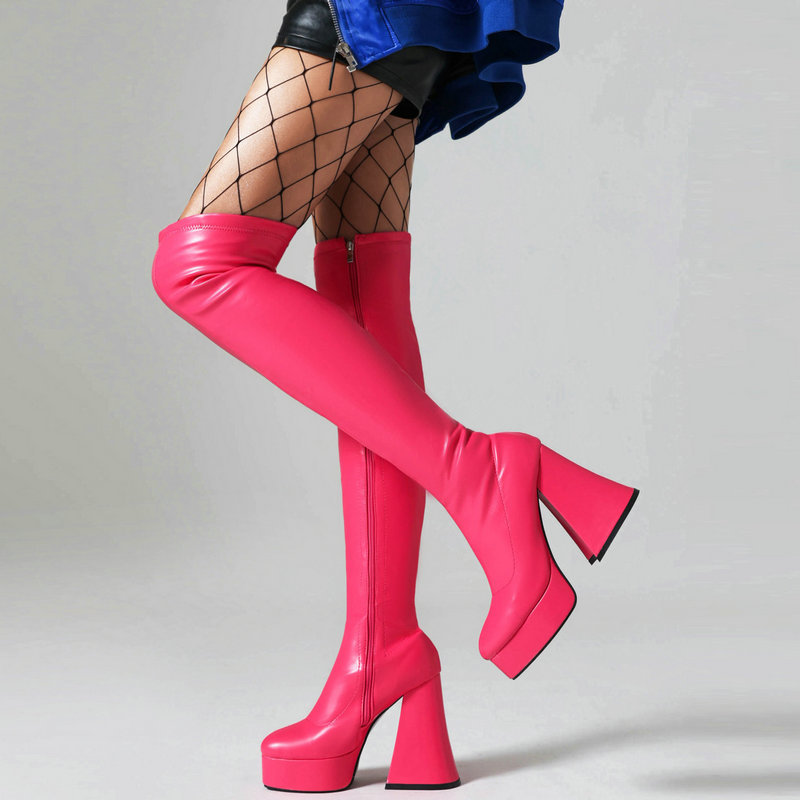 Women's elastic thin boots waterproof platform chunky heel over-the-knee boots side zipper women's high boots