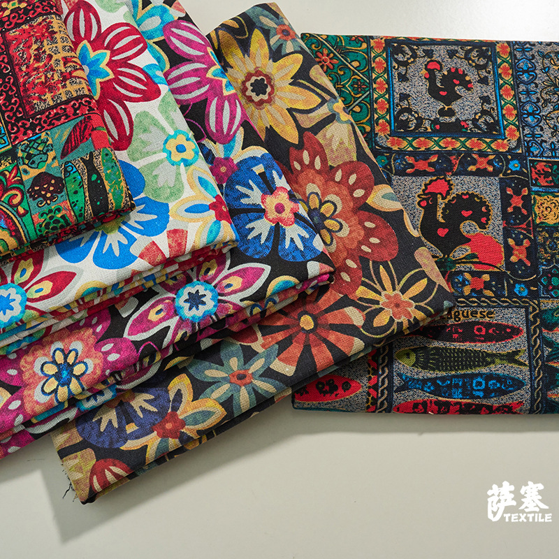 Picture of Hemp Cotton Digital Printing Fabric Floral Fabric Pastoral Style Fabric Ethnic Style Vintage Floral Skirt dress