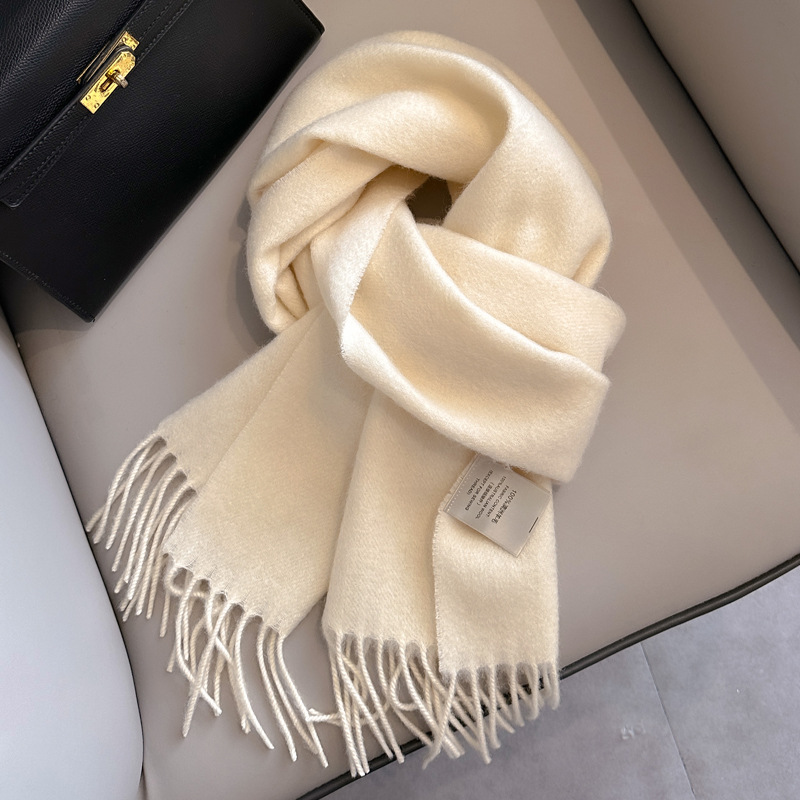 White pure wool scarf female winter student warm scarf new versatile tassel narrow scarf couple wholesale