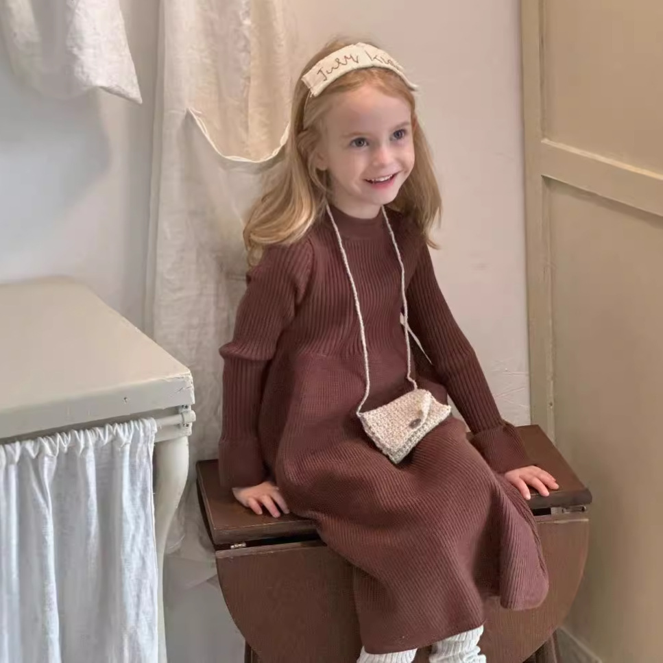 Picture of Girls Dress 2025 Spring and Autumn New Korean Style Children's Solid Color Knitted Princess Dress Baby Mid-Length Sweater Dress