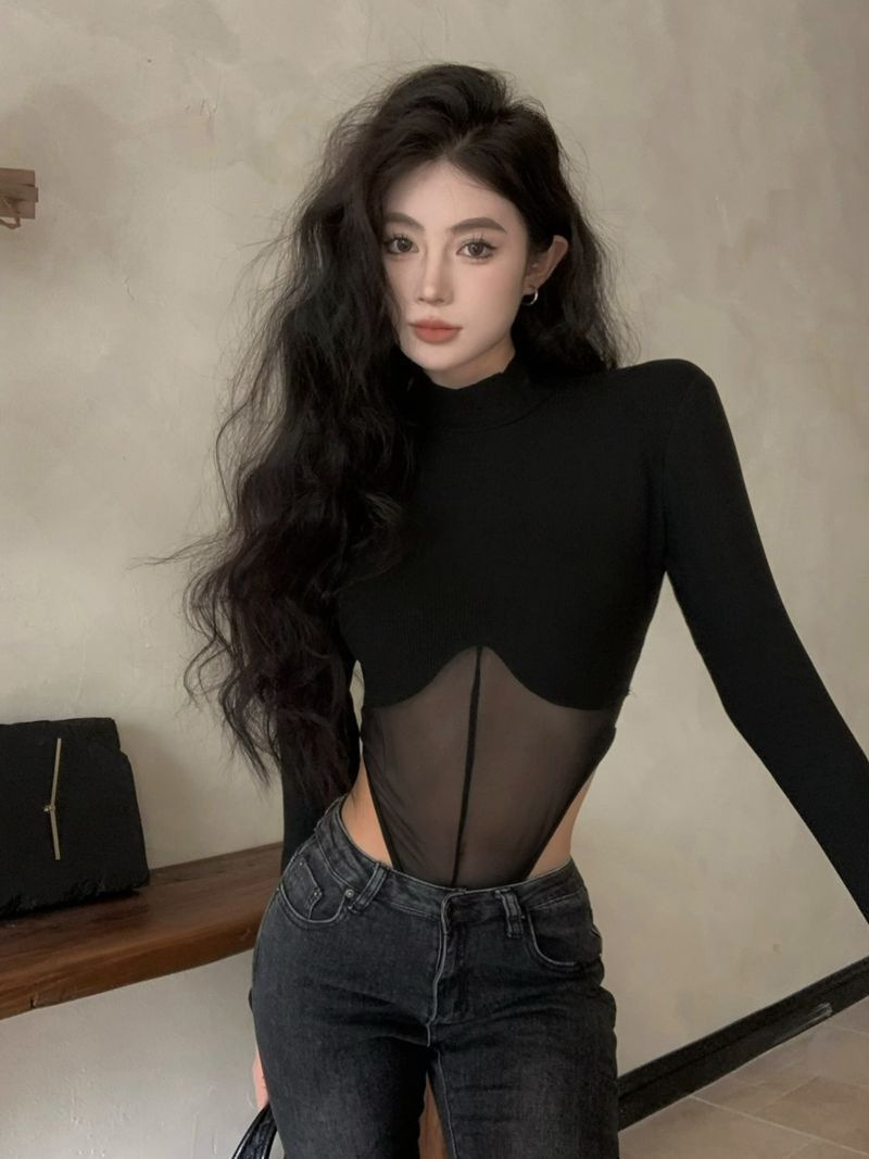 American-style Pure Desire Black Long-sleeved T-shirt Women's Autumn and Winter Mesh Stitching Slim-fit Interior Design-feeling Base One-piece Top