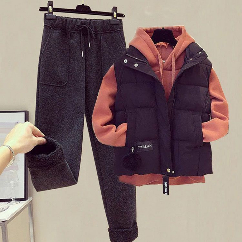 Autumn and Winter Fashion Three-piece Set Female Students Korean-style Vest Loose Hooded Sweepshirt Slim-fit Woolen Pants suit