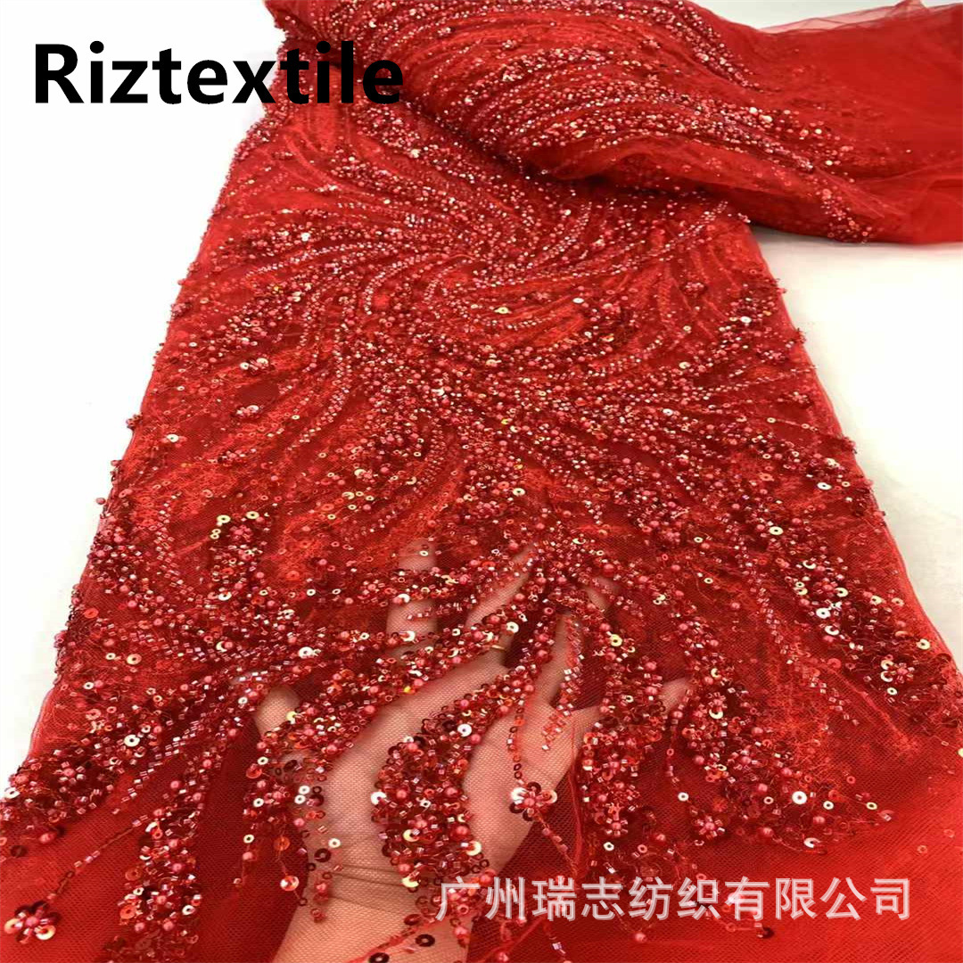Fashion European and American Style Embroidered Bead Sequins Lace Fabric Wedding Dress Cheongsam Party Dress DIY Performance Dress Accessories