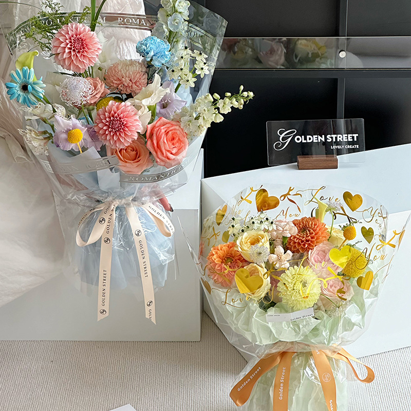 Internet Celebrated Tanabata Valentine's Day Bronzing opp Simple English Wrapping Paper Printed Glass Flower Bundle Wrapping Paper for Flower Shop