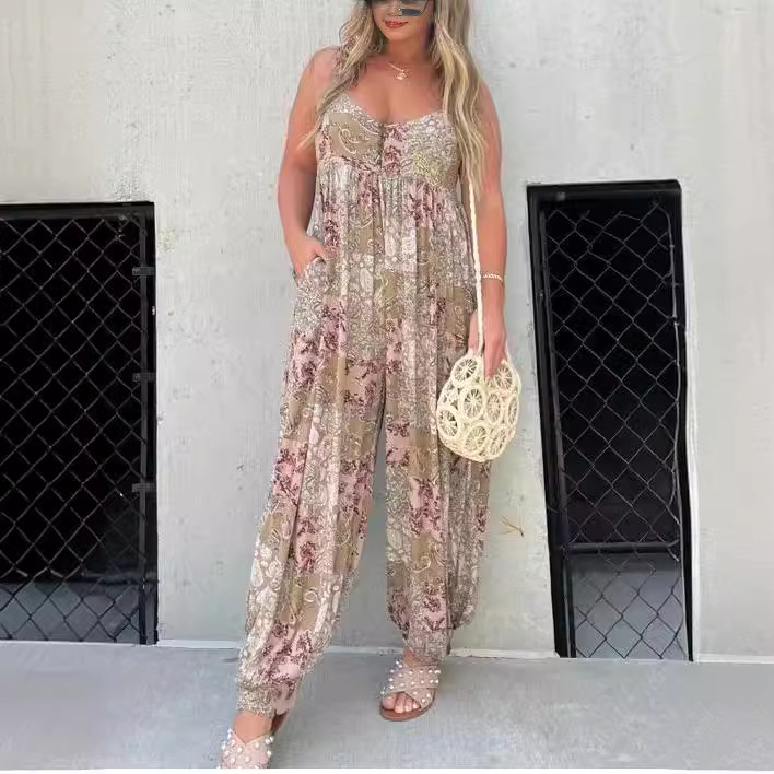 Picture of 25 Amazon Wish Unique Cross-Border Hot Product Ebay Women's High Waist Trendyy Loose Printed Shoulder Strap Jumpsuit