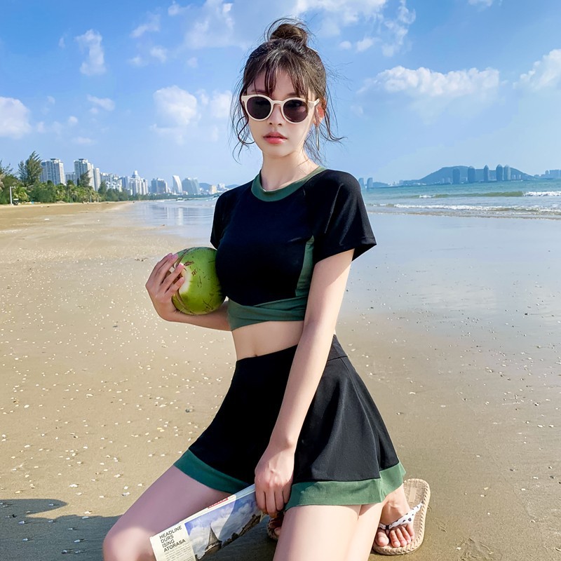 Swimwear Women's Skirt Split Sporty Two-Piece Set Conservative Slimming Student Small Chest Gathering Korean ins Swimsuit