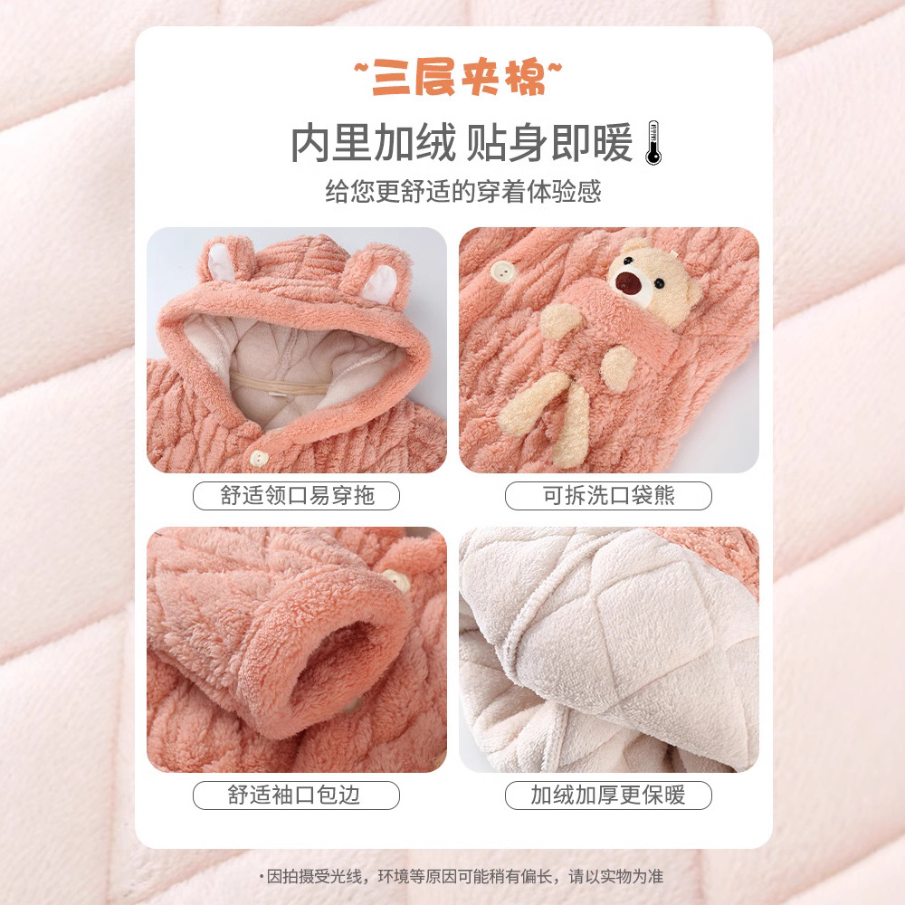 Picture of Children's Three-Layer Quilted Pajamas Winter Flannel fleece-lined Thickened Boys' Girls' Baby Warm Home Clothes suit