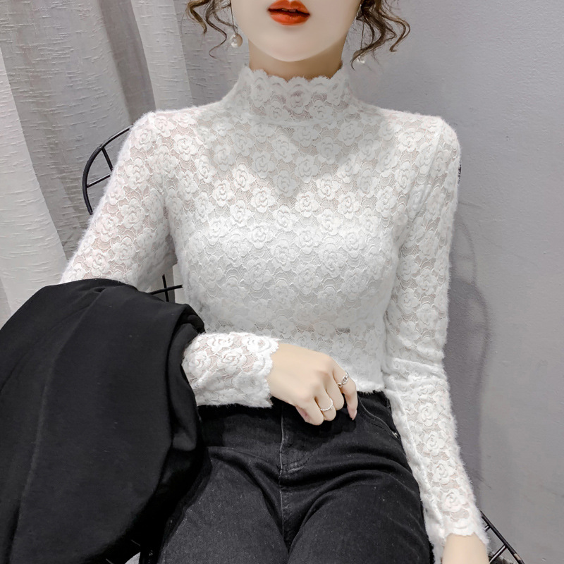 Picture of Half-high Collar Lace Base Shirt Women's Autumn and Winter European Inner Shirt Sanding Long-sleeved T-shirt Mesh Hollow Top
