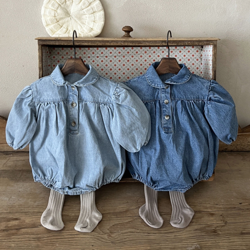 Ins Korean-style Baby Girl's Spring Clothes Baby Girl's Western-style Cute Lap Bubble Sleeve Denim Fart one-body Climbing Suit