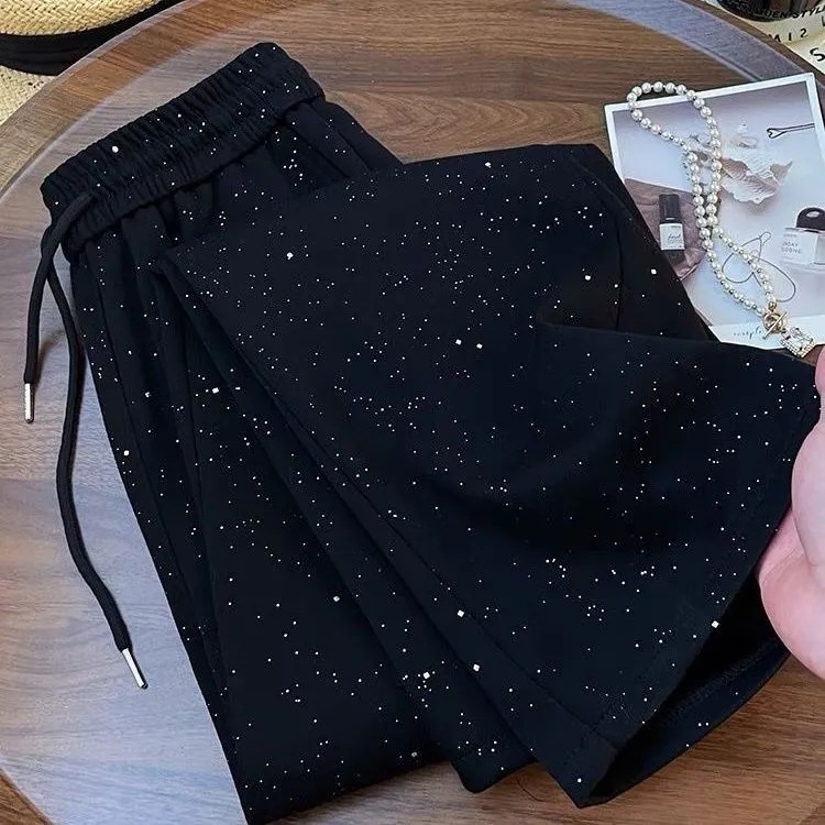 Factory Outlet Bright Sparkling Stars Ice Silk Wide Leg Pants Women's Summer New High Waist Straight Pants for Women