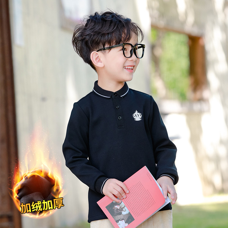 Picture of Boys' Long-sleeved T-shirt Fleece-lined Polo Shirt White Base Shirt for Middle and Big Children