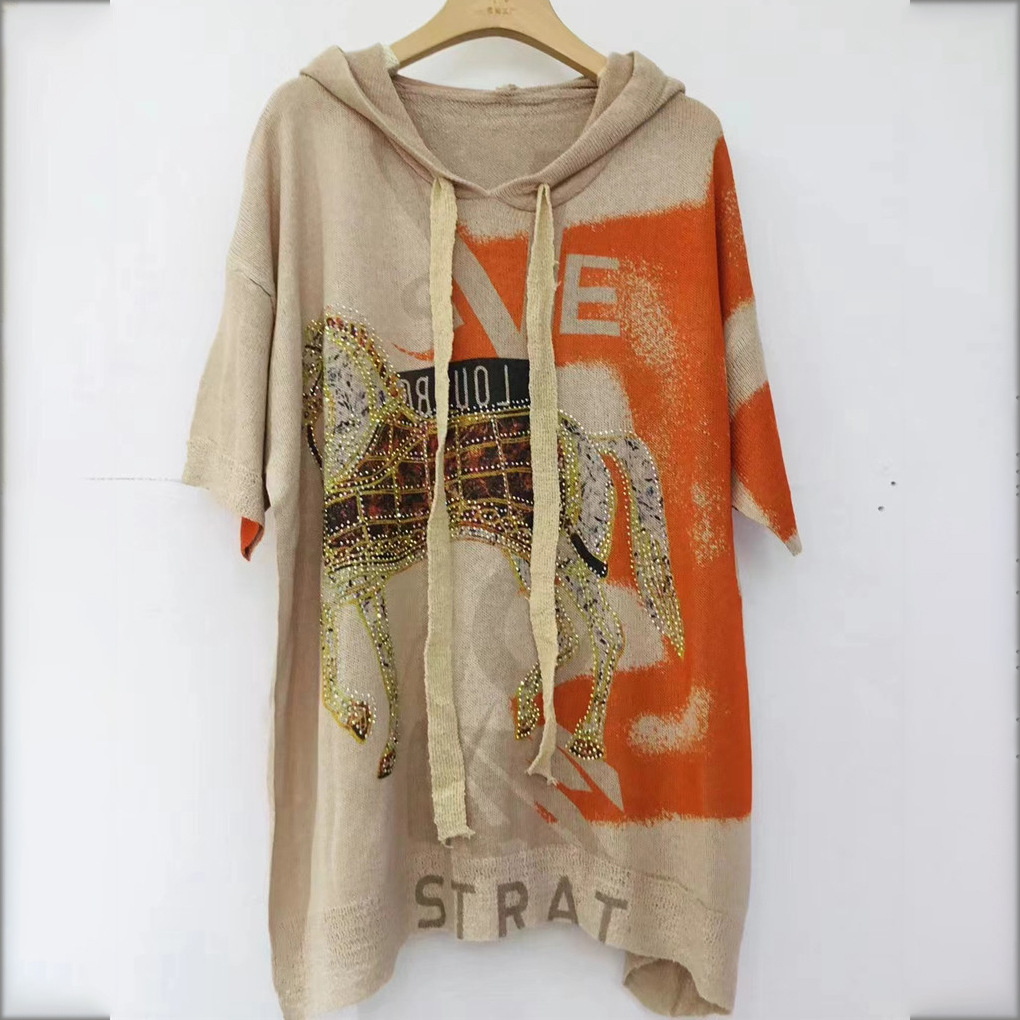 Picture of European 2024 Summer New plus size T-shirt Women's Belly Covering Loose Ethnic Style Simple Commuting Ins Short Sleeve Top