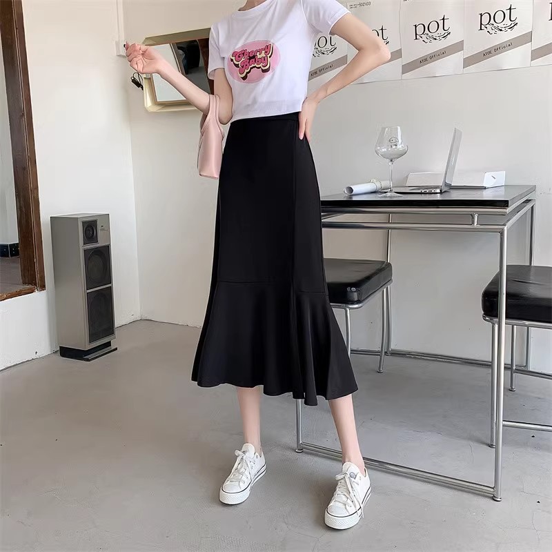 Spring and summer plus size black suit irregular skirt women's 2024 new elastic waist long A- shaped fishtail skirt