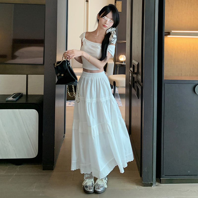 White Cake Skirt Skirt Women's Spring and Summer New High Waist A- Line Long Skirt Slimming Draped Stitching Half Skirt