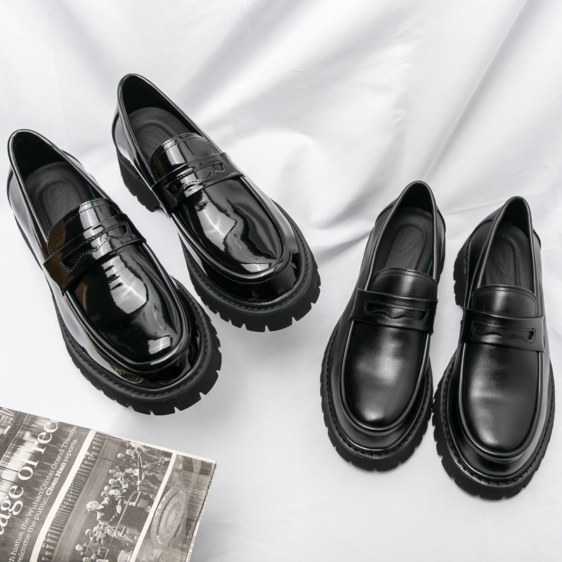 Teenager Slip-on Loafers Spring and Autumn 2022 Thick-soled Booster Shoes Black Fashion Men's Casual Leather Shoes