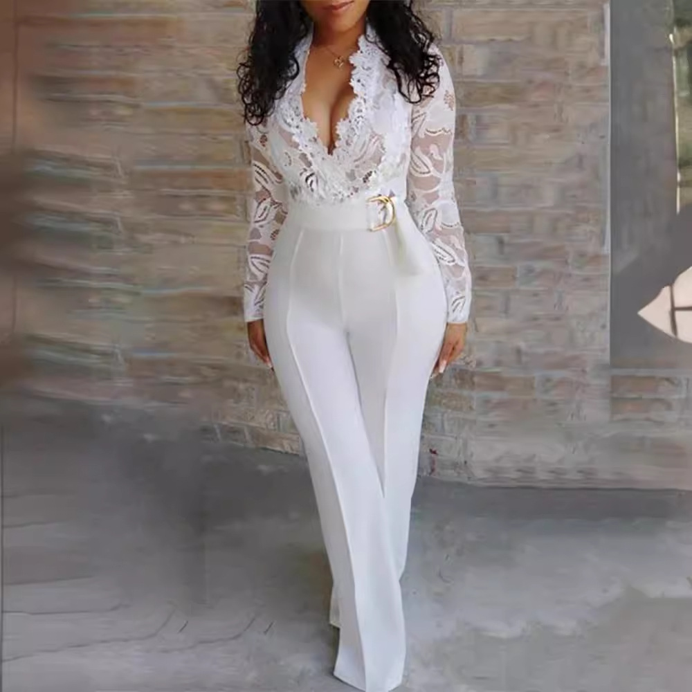 Europe and the United States new sexy deep v white perspective lace stitching pants wholesale women with belt