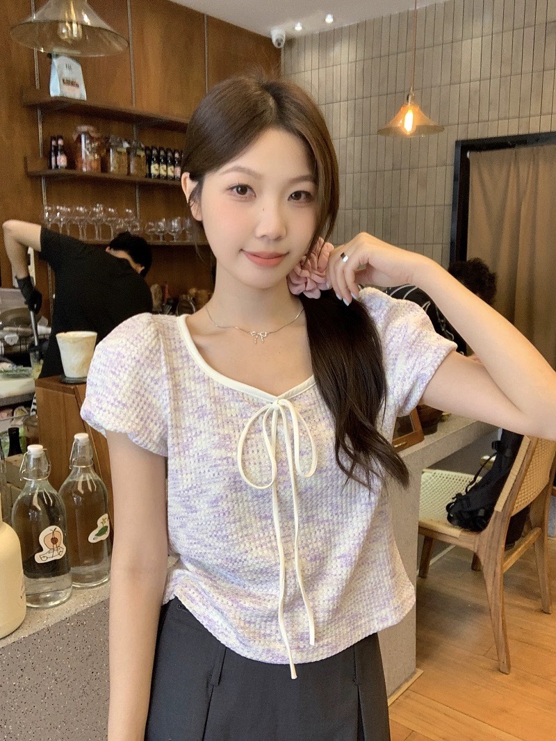 Contrast Collar Bow Short-sleeved Shirt Summer Sweet Puff Sleeve Stitching Small Short Shoulder Short-sleeved Women's Top