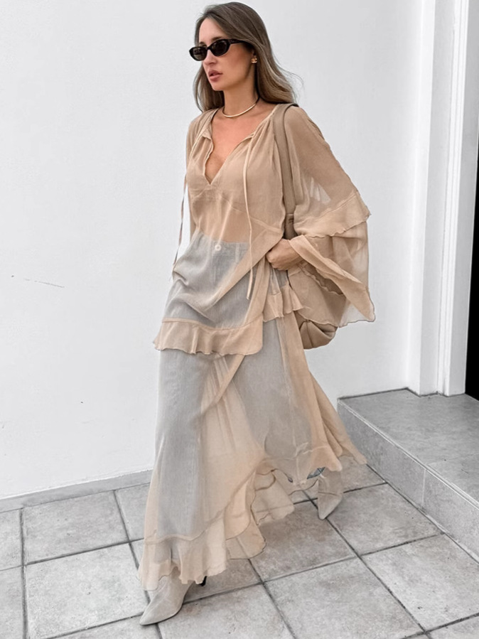 Khaki Autumn and Winter New Bat Sleeve Dress 2025 European and American Fashion Cross-Border Wholesale Sun Protection Blouse Long Skirt for Women